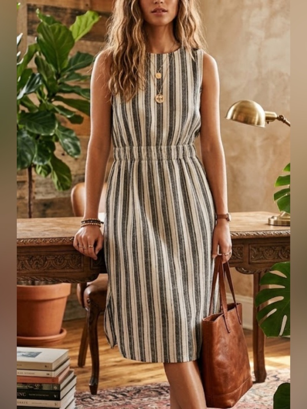 Ann Taylor LOFT Dress 12 Gray White Stripe Midi Linen Blend Pockets Boho